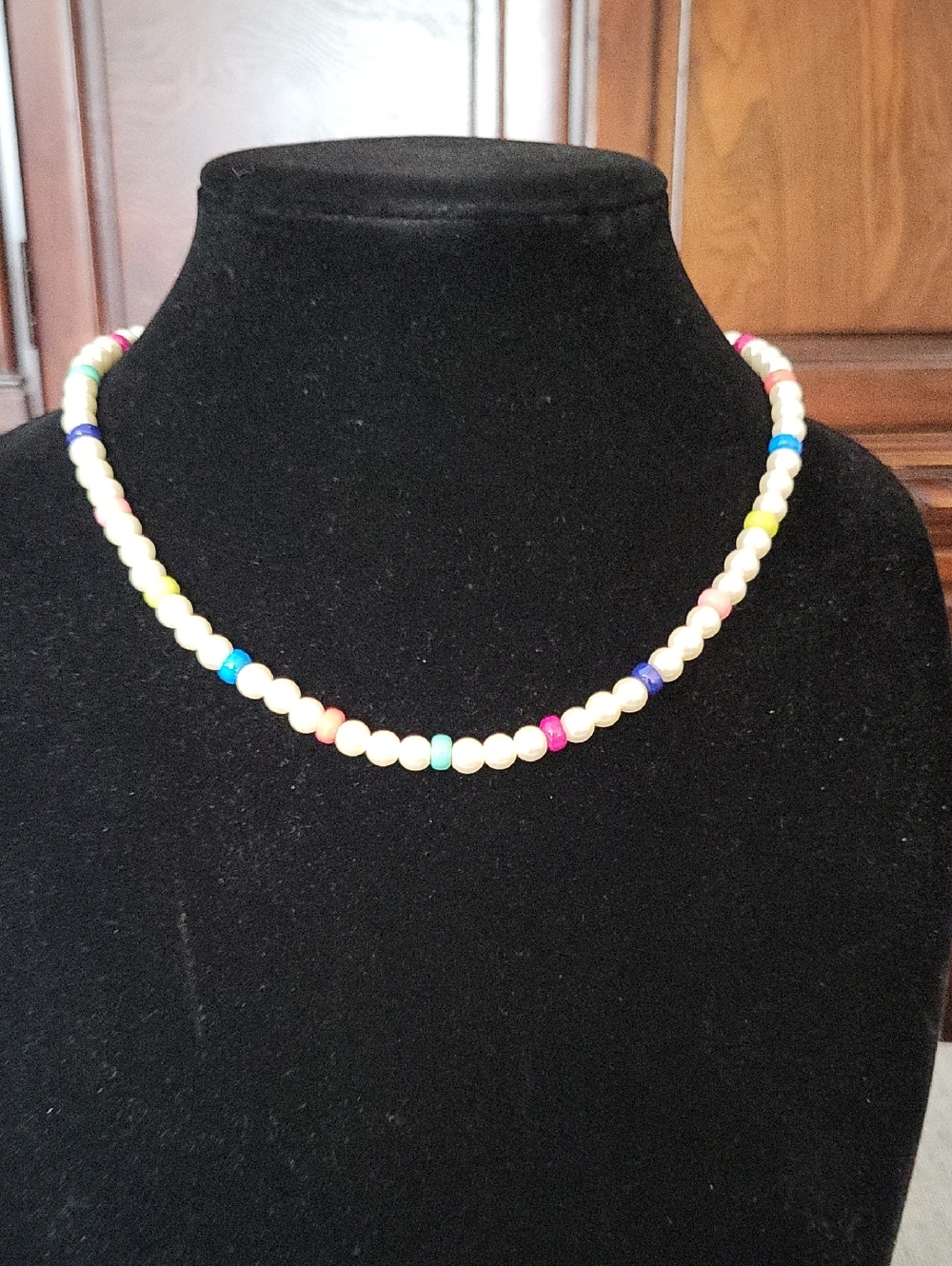 On 34th Faux Pearl Necklace with Multi-colored Beads